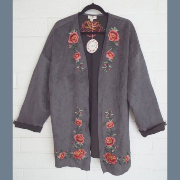 New UMGEE M gray embroidered roses open style sueded texture open tunic jacket - Picture 3 of 7